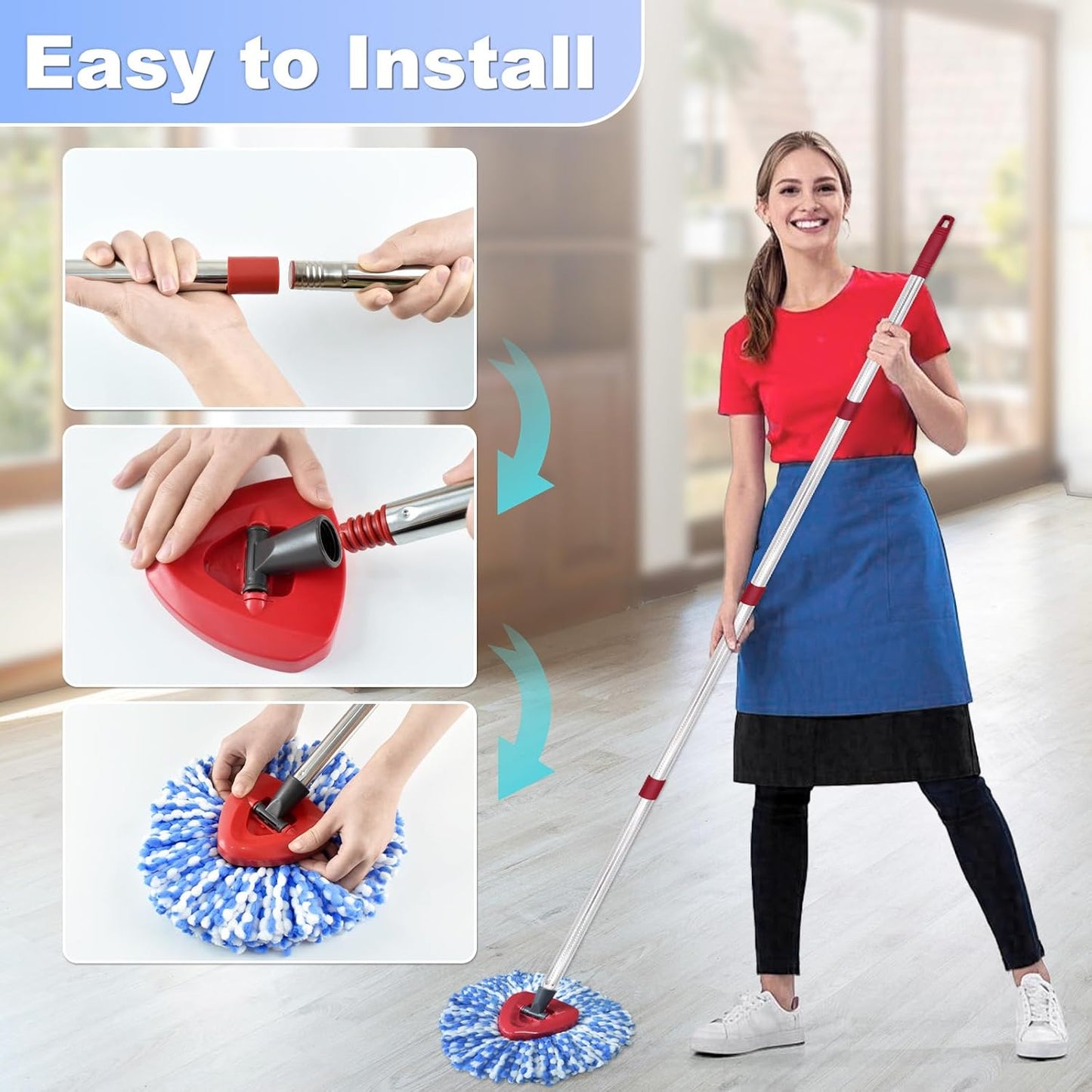 Spin Mop Replace Head, Base, Mop Handle Replacement for OCedar EasyWring 1 Tank System, Include 2 Microfiber Mop Head Replacement, 1 Sturdy Iron 30-58" Mop Handle, 1 Scrubber Head, 1 Spin Base