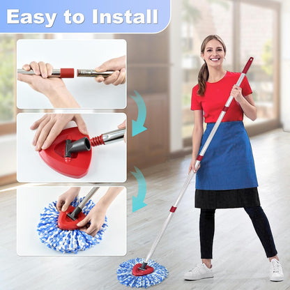 Spin Mop Replace Head, Base, Mop Handle Replacement for OCedar EasyWring 1 Tank System, Include 2 Microfiber Mop Head Replacement, 1 Sturdy Iron 30-58" Mop Handle, 1 Scrubber Head, 1 Spin Base