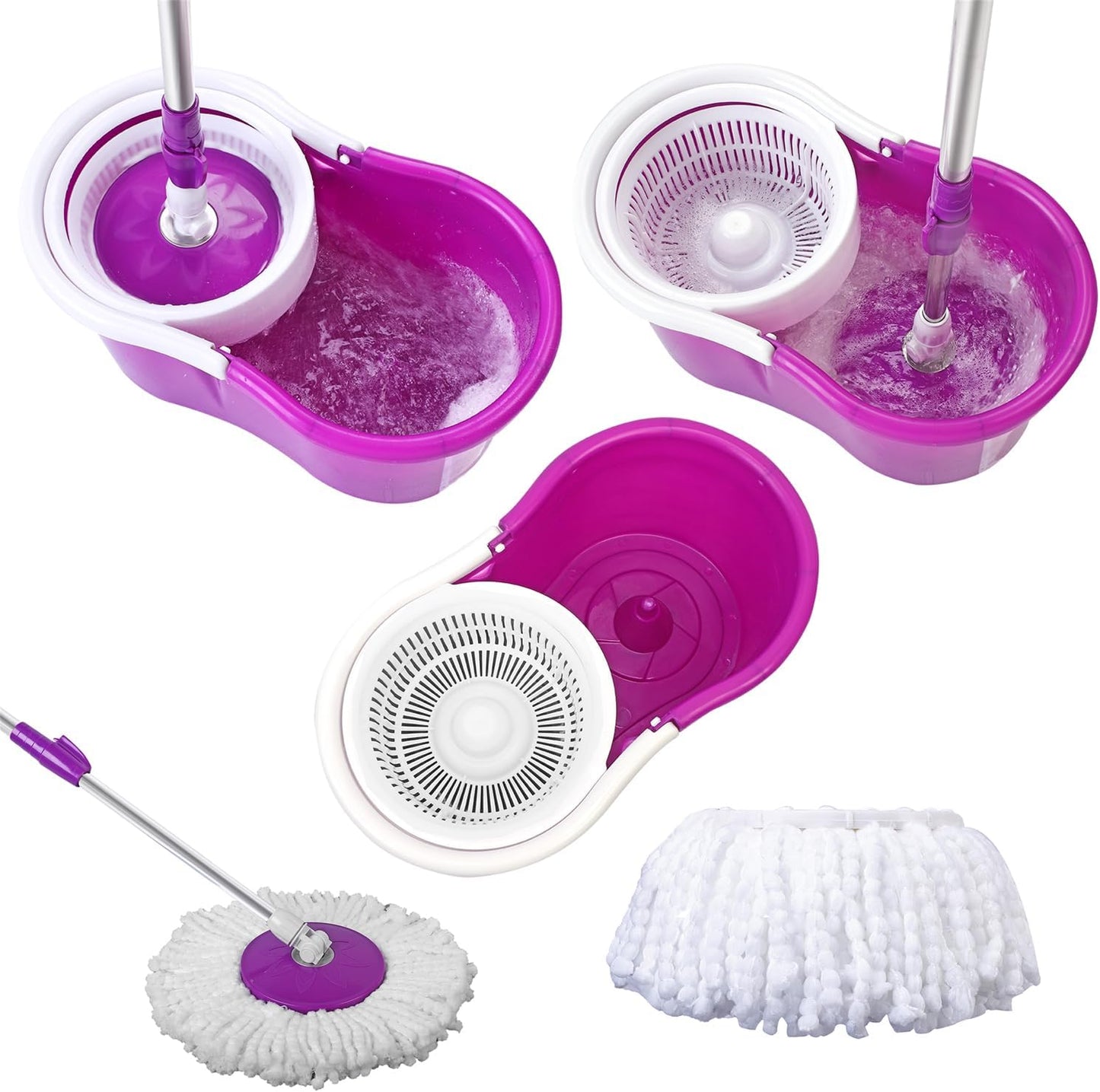 Mopping, 360° Microfiber Spin Mop with Bucket and Dual Mop Heads Self Wringing Spinning Mop Telescoping Handle Easy Floor Mop Floor Cleaning System for Home Kitchen Office Purple (US Stock)