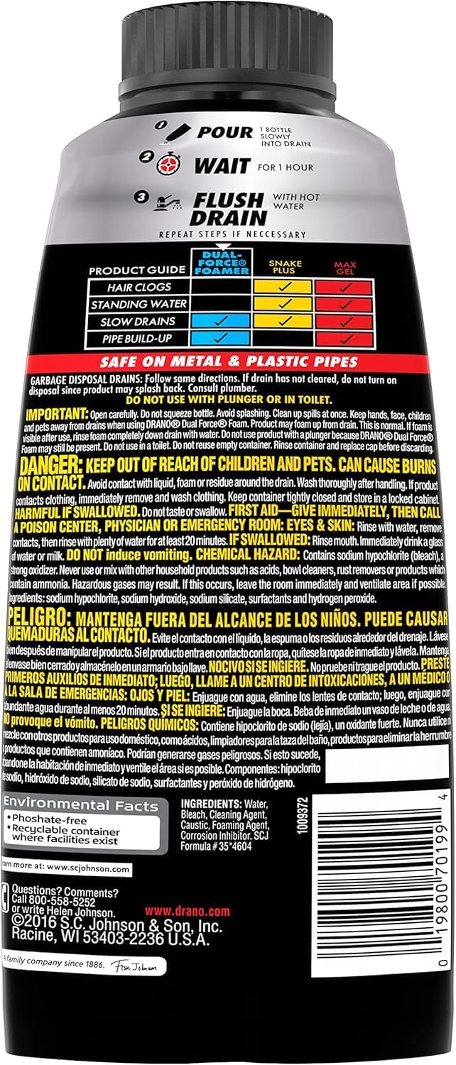 Drano Early Action Foamer Drain Clog Remover and Cleaner for Shower or Sink Drains, Unclogs and Removes Sources of Odor, 17 Fl Oz