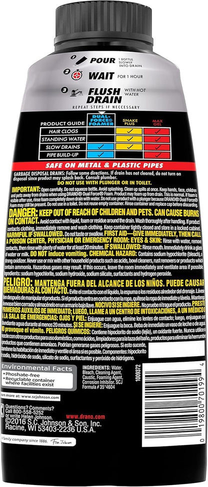 Drano Early Action Foamer Drain Clog Remover and Cleaner for Shower or Sink Drains, Unclogs and Removes Sources of Odor, 17 Fl Oz