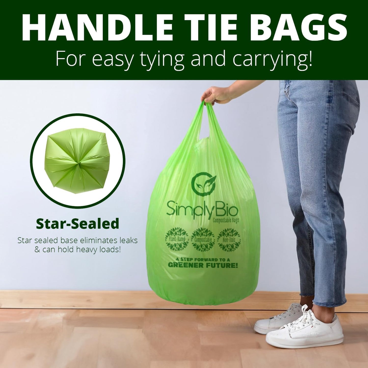Simply Bio 13 Gallon Compostable Trash Bags Liners Drawstring, Heavy Duty Extra Thick 1 Mil, 49.21 Liter, 30 Bags, Tall Kitchen Food Scrap Waste Bag, ASTM D6400, US BPI and OK Compost Home Certified