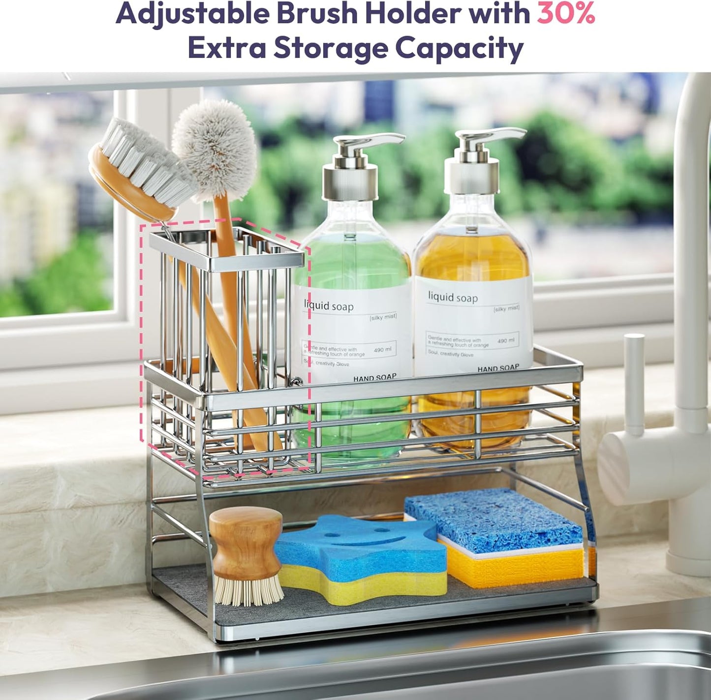 SWTYMIKI Sponge Holder for Kitchen Sink - 2 Tier Rustproof Sink Caddy with Instant Drying Stone, Removable Dish Brush Holder, Stainless Steel Kitchen Caddy for Coutertop Storage Accessories