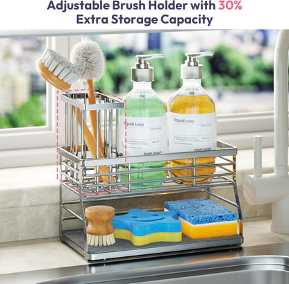 SWTYMIKI Sponge Holder for Kitchen Sink - 2 Tier Rustproof Sink Caddy with Instant Drying Stone, Removable Dish Brush Holder, Stainless Steel Kitchen Caddy for Coutertop Storage Accessories