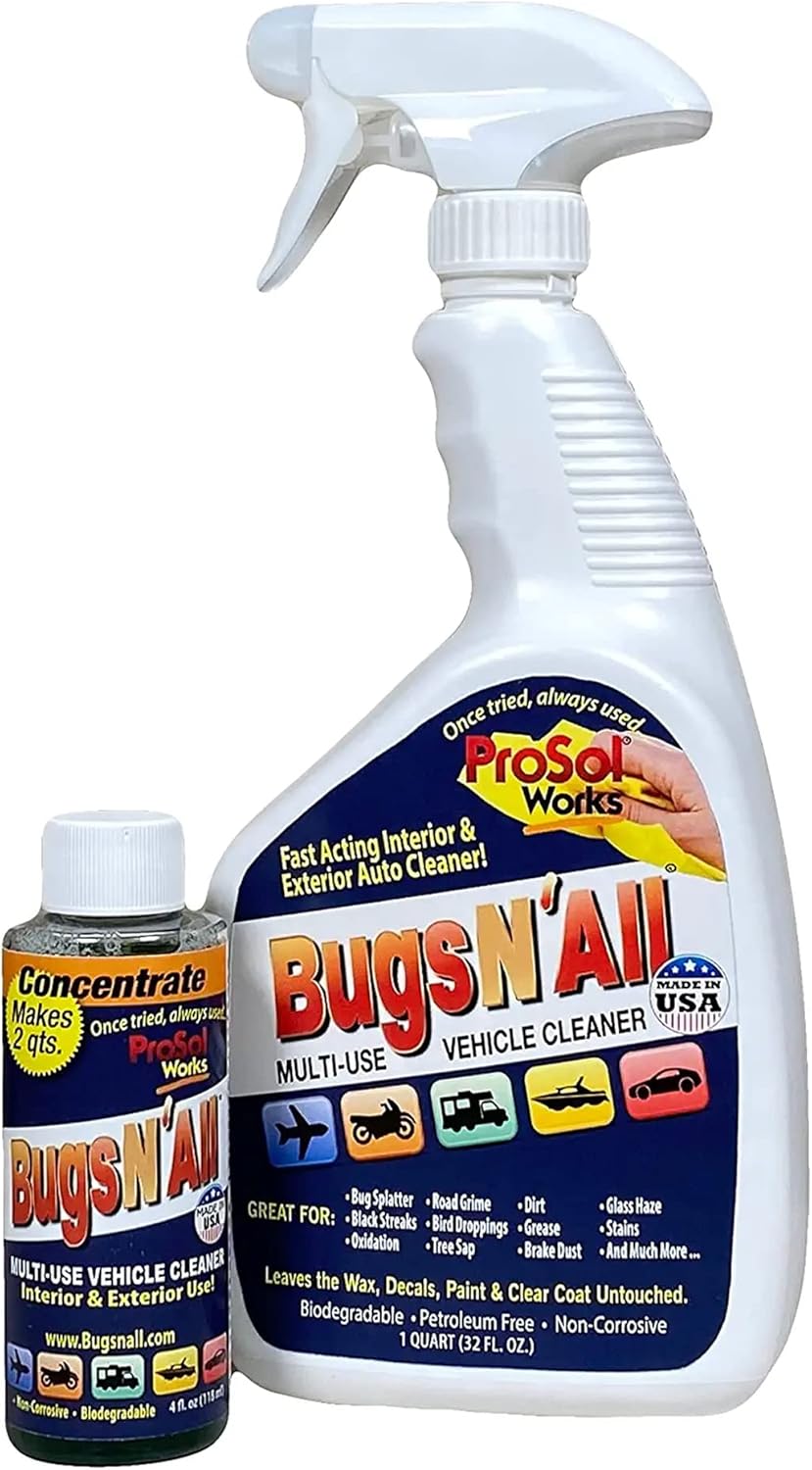 Bugs N’ All Multipurpose Car Cleaner & Degreaser - Bug & Tar Remover Concentrate 32 oz - Exterior Cleaner Safe for Car Paint, Metal, Chrome, Aluminum, Windows & Mirrors - w/Free 32 oz Spray Bottle