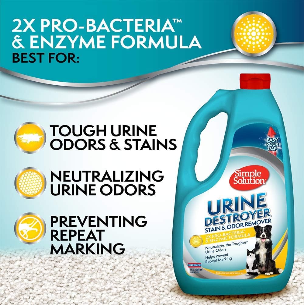 Simple Solution Urine Destroyer, Enzymatic Cleaner and Urine Odor Eliminator, Pet Stain Remover, Dog Pee Stain Destroyer, Cat Urine Neutralizer, Carpet Cleaner, Rug Deodorizer, Spot Cleaner, 1 Gallon