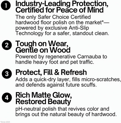 Quick Shine Hardwood Floor Luster-Polish 64oz | Plant-Derived w/Carnauba | Safer Choice, No PFAS, pH Neutral | Ready to Use Formula w/Anti-Slip Technology | Simply Squirt & Spread | Made in USA