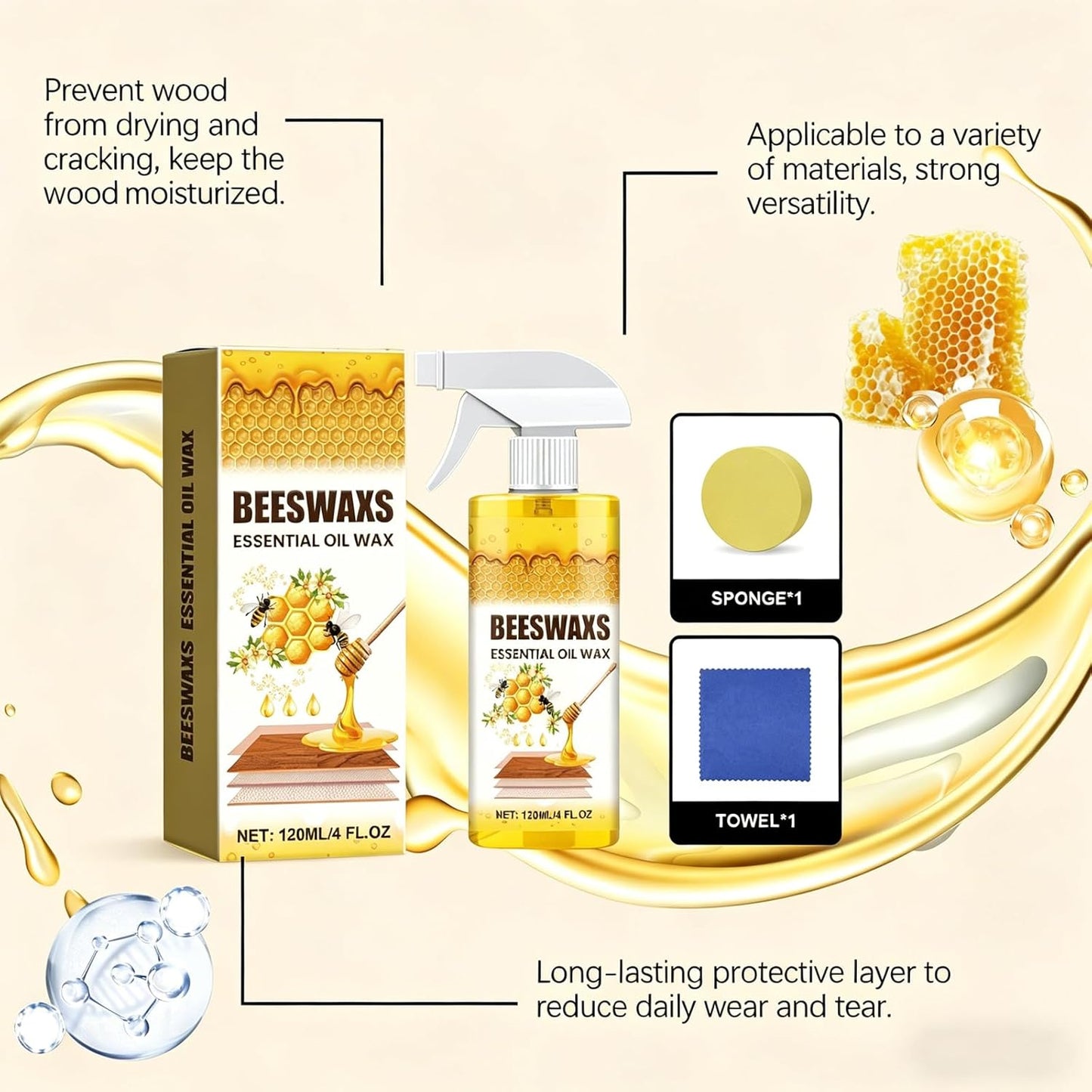 Natural Micro-molecularized Beeswax Spray, Beeswaxs Essential Oil Wax, Beeswax Wood Polish and Cleaner Spray for Living Rooms, Kitchens, Wood Furniture and Floors (2)