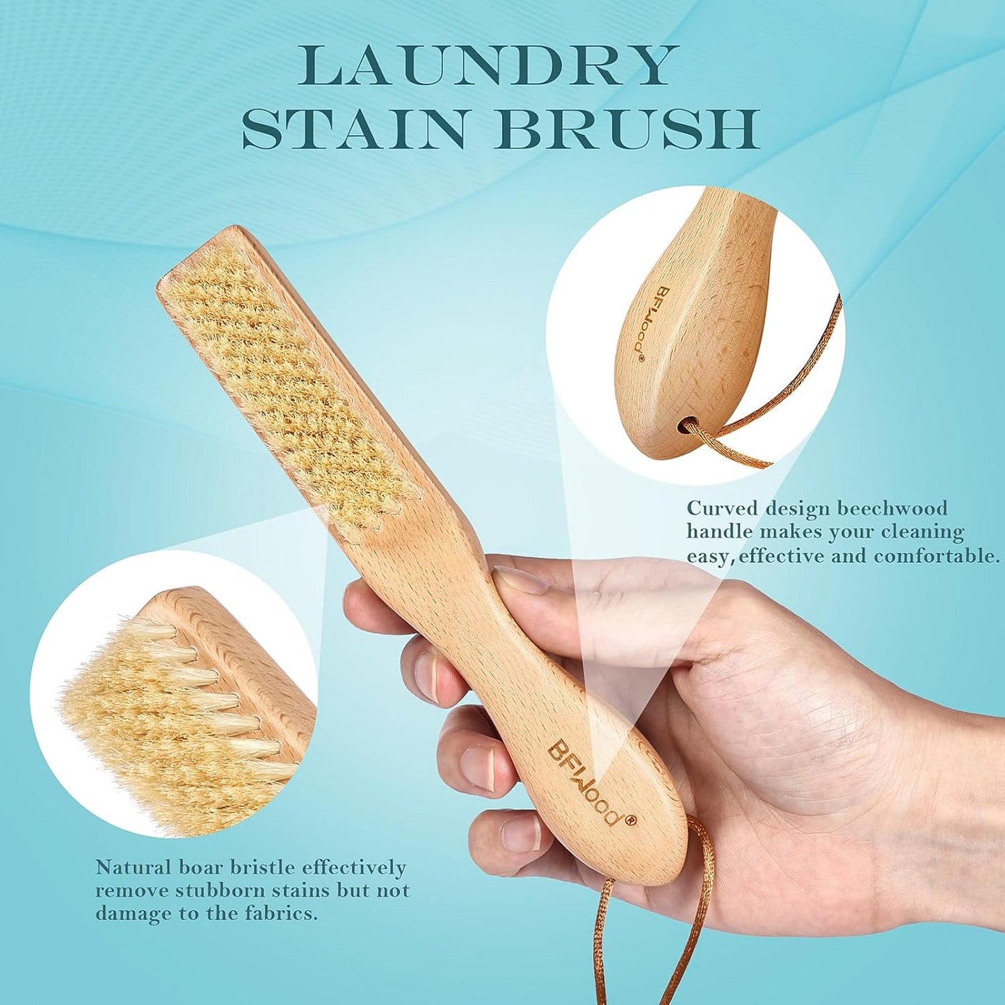 BFWood Laundry Stain Brush, Natural Soft Boar Bristles, Removes Tough Stains from Delicate Fabrics Like Knits, Cotton, and Linens, Gentle on Fabrics, No Damage