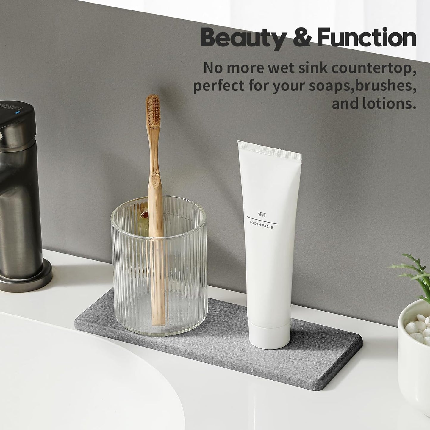 2PCS Water Absorbing Stone Drying Tray for Kitchen Counter & Bathroom Sink, Diatomite Faucet Splash Guard, Soap Dispenser Rack & Sponge Holder Caddy Organizer, Marble White (Printed Pattern), 9"x 3.5"