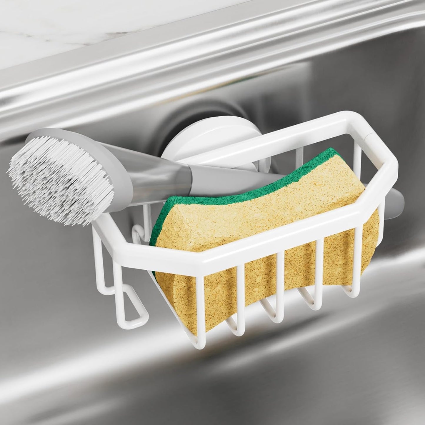 TAILI Sponge Holder for Kitchen Sink with Strong Suction Cup, Rustproof Aluminum Sink Caddy for Sponges, Removable Sponge Holder, Dish Brush for Scraper - Silver