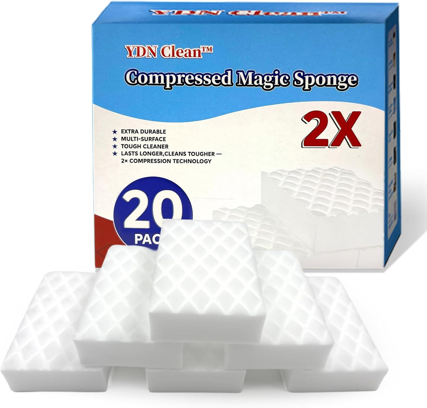 Magic Eraser Sponge 2X Density, Multi-Purpose Long Lasting Melamine Sponge, Water-Activated Cleaning Pads Sponge Eraser for Kitchen, Bathroom, Wall, Shoes & Car Interior, Non-Scratch (20)