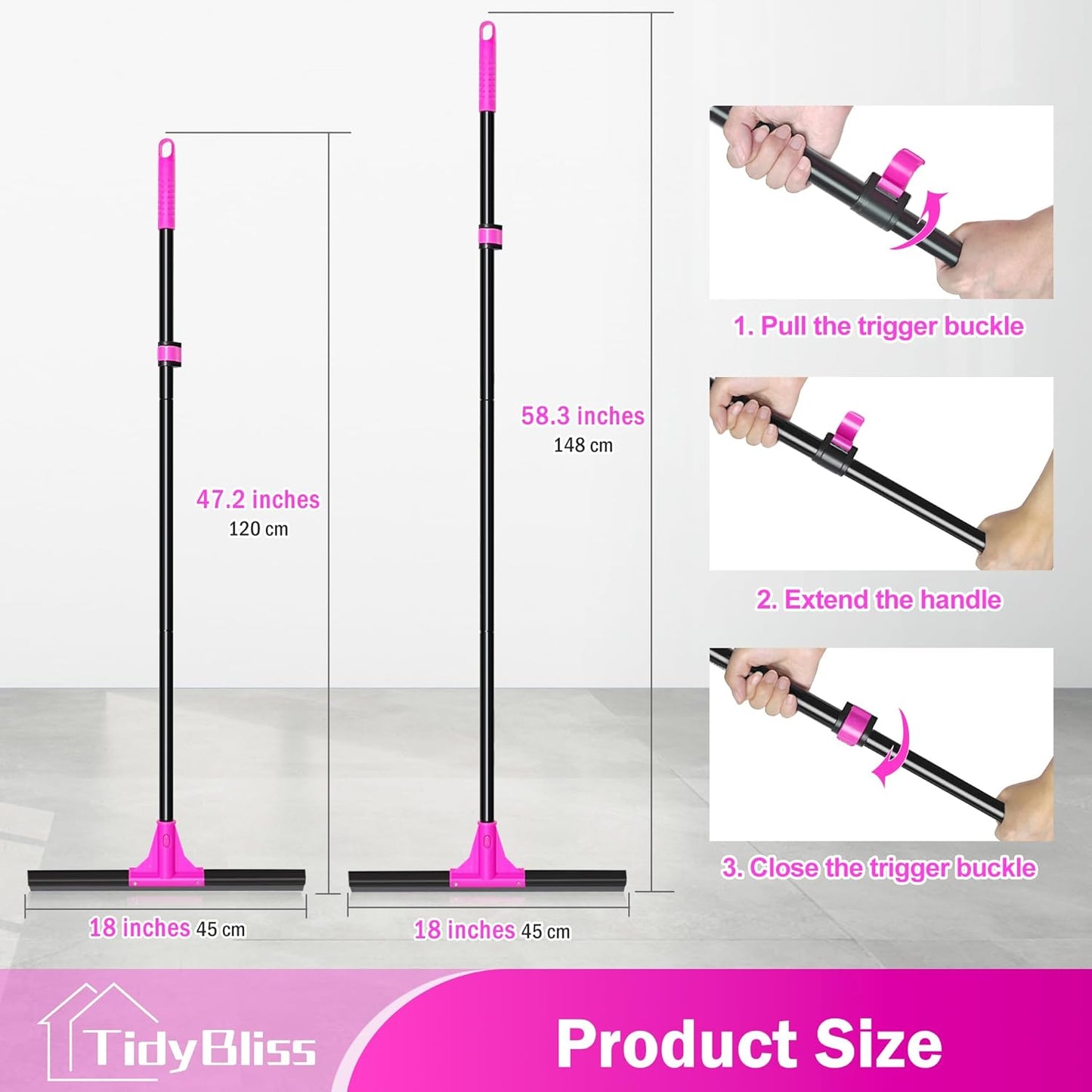 Floor Squeegee Heavy Duty with 58.3 inches Long Handle, Rubber Foam Water Scraper Broom Epoxy Wiper Mop for Cleaning Concrete Pool Rug Garage Deck Shower Window Outdoor Indoor