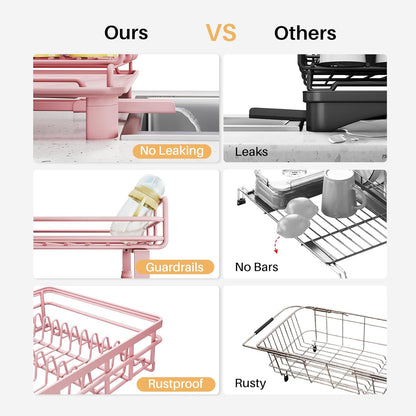 SNTD Dish Drying Rack - Extendable Dish Rack, Large Sink Drying Dish Drainer for Kitchen Counter, Stainless Steel Dish Strainer with Utensil Holder (Black)