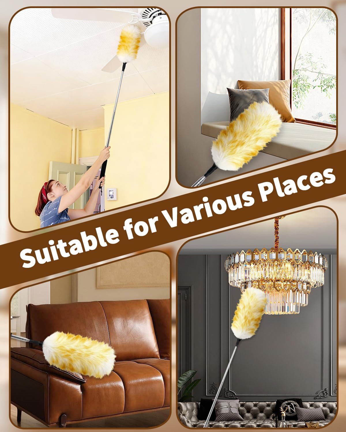Extendable Ostrich Feather Duster with Bonus Wool Feather Duster Head - Natural Fluffy Non-Slip Handle Feathers Dusters for Cleaning Ceiling Fans, Blinds, Roof Dusting, High Surfaces (18-48 in)
