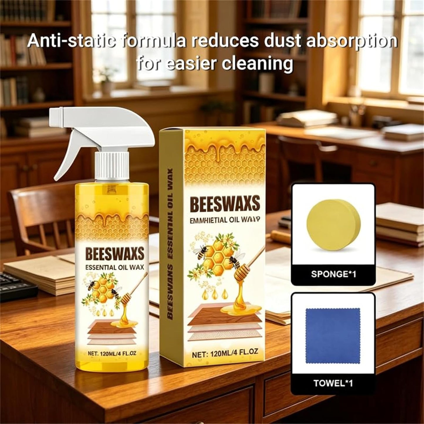 Zavrly Beeswax, Natural Beeswax Furniture Spray, Bees Wax Essential Oil Furniture Polish and Cleaner, Bees Wax Spray Furniture Polish, For Furniture, Floor, Tables, Cabinets (1pc)