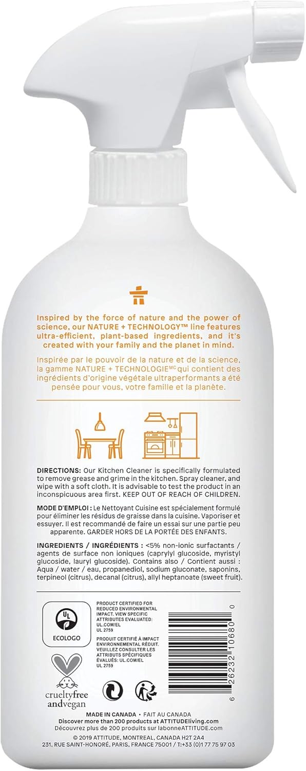 ATTITUDE Kitchen Cleaner Spray, EWG Verified, Degreaser Spray to Cut Grease & Grime, Plant-Based & Vegan, Citrus Zest Scent, 27.1 Fl Oz