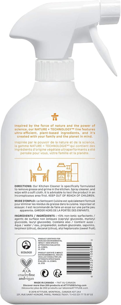 ATTITUDE Kitchen Cleaner Spray, EWG Verified, Degreaser Spray to Cut Grease & Grime, Plant-Based & Vegan, Citrus Zest Scent, 27.1 Fl Oz
