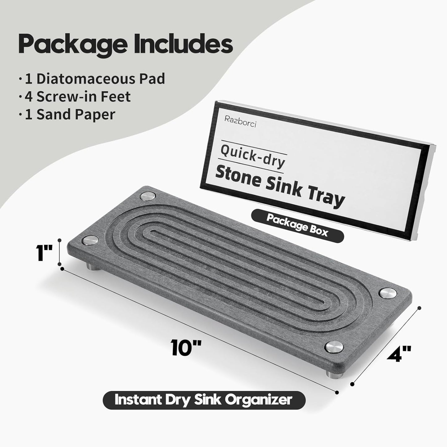 Razborci Water Absorbing Stone Sink Caddy, Diatomite Kitchen Sink Organizer, Bathroom Counter Tray, Faucet Drying Mat Coaster Soap Dish Rack Riser Dispenser Sponge Holder, Silver, White 10" x 4"