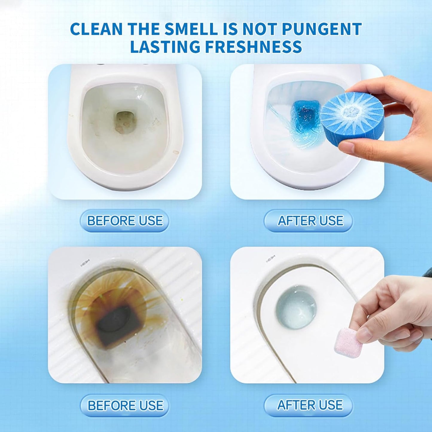 2-in-1 Toilet Cleaning Tablets (48 Pack) - 16 Effervescent Toilet Bowl Stain Remover and 32 Blue White Toilet Tank Cleaner Tablets - Limescale Removal for Septic System