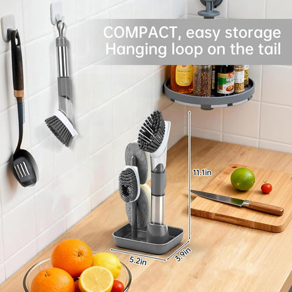 Soap Dispensing Scrub Brush - 4-in-1 Kitchen Cleaning Brush with Built-in Tank, Scraper Heads for Stubborn Grime on Pots Pans, Stand/Hang Storage-Blue