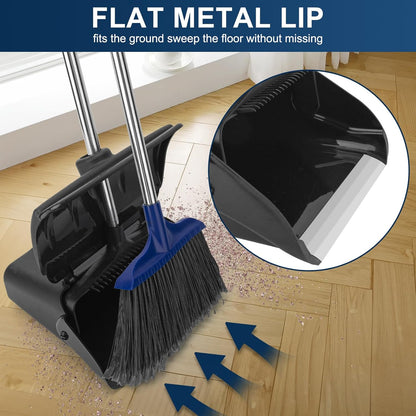 Indoor/Outdoor Heavy Duty Broom and Dustpan Set,Upright Plastic Commercial Dust Pan with 2 Brooms Perfect for Sweeping Courtyard Garage Lobby Kitchen Office Mall Market Shop Floor
