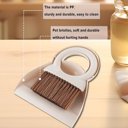 Round Handle Brush and Dustpan Set Small Broom & Dustpan Portable Handheld Sweeper for Desktop Sofa Floor Pet Nest (Off White)