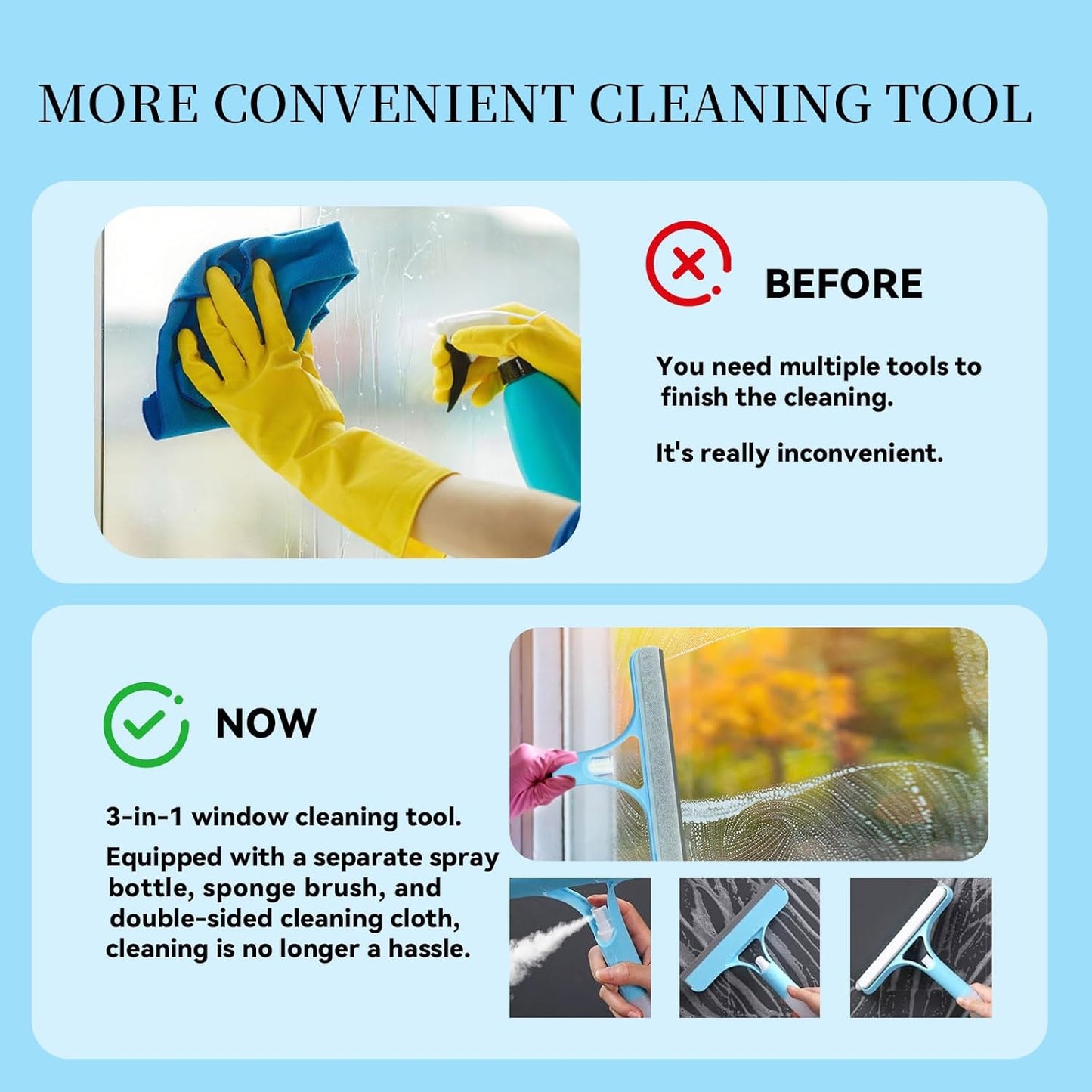 3 in 1 Window Cleaning Scraper,All-Purpose Spray Window Squeegee Cleaner Tool,for Glass Doors for Windows Glass, Mirrors Scraper, Brush (Blue)