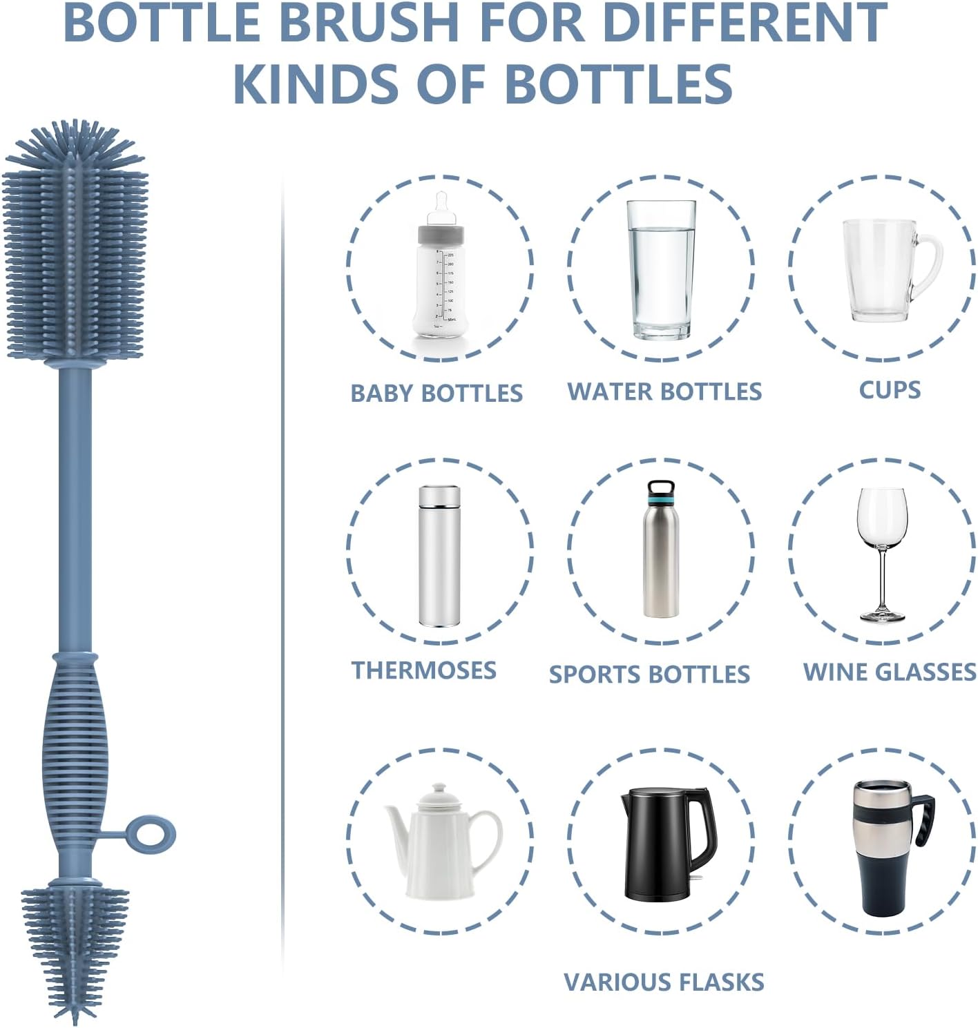 Bottle Brush & Straw Cleaner Brush Set,Silicone Bottle Brush with Sturdy Handle for Water Bottles,Tumblers,Baby Bottles,Long Flexible Straw Cleaner Brush for Standard Straws(Blue)