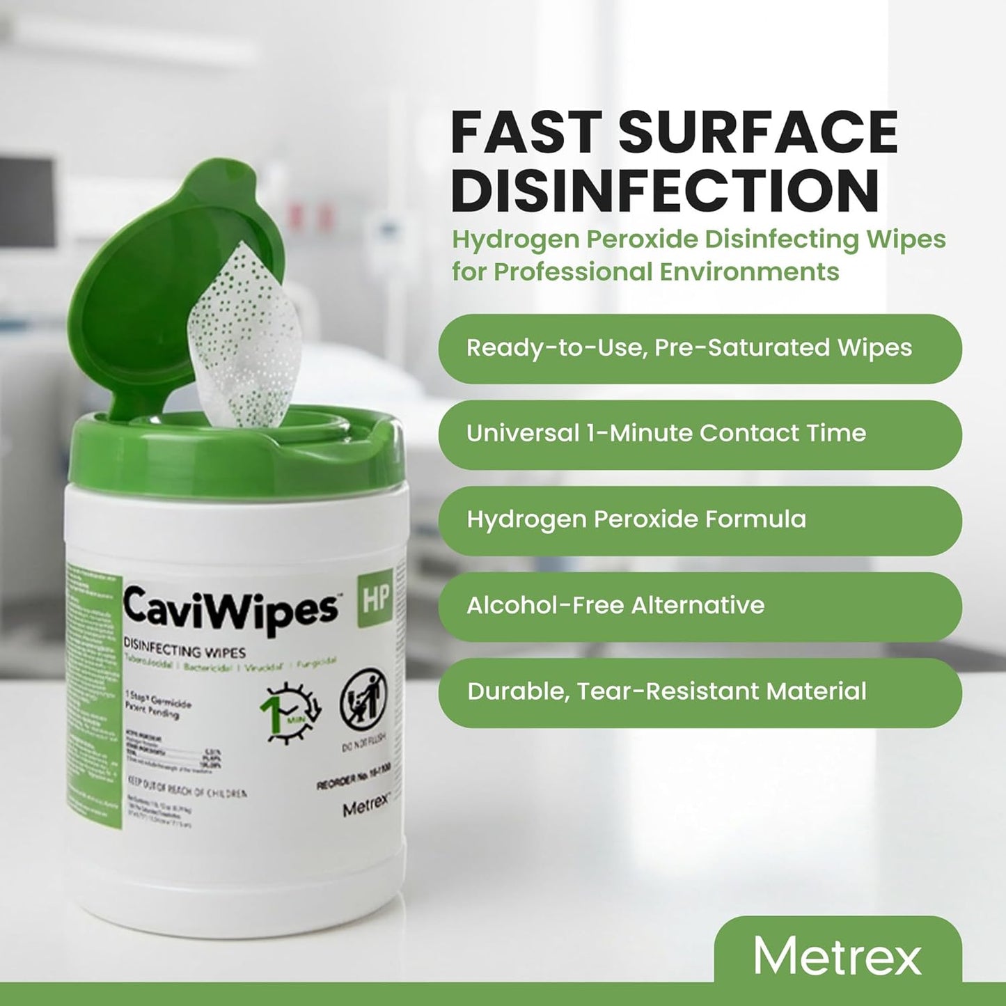 CaviWipes HP Surface Disinfectant Wipes – Hydrogen Peroxide Formula, 1-Minute Universal Contact Time, Ready-to-Use – 6" x 6.75", 160 Wipes per Canister (Pack of 1), 16-1100