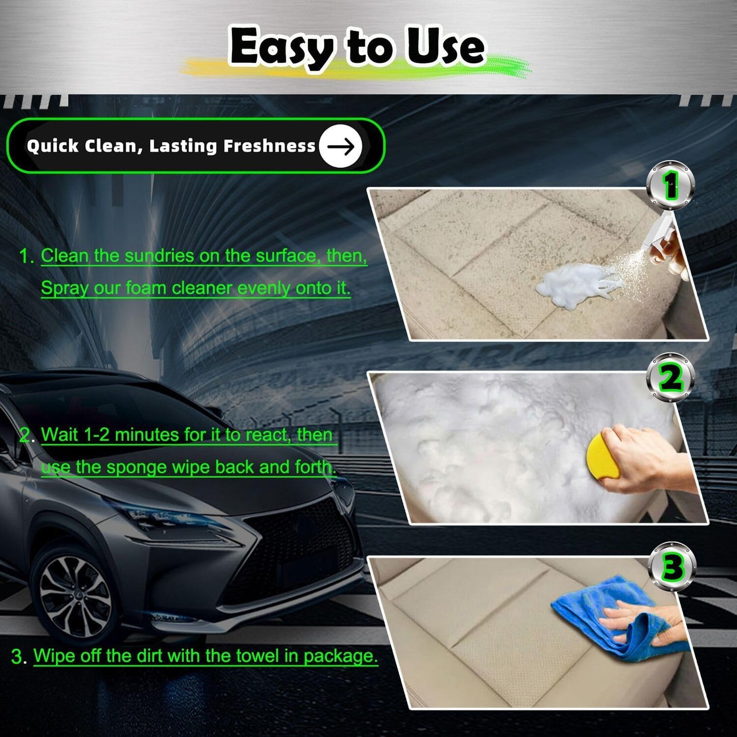 Car Interior Cleaner Foam - Car Dashboard, Seat, Carpet, Upholstery Cleaner, Auto Interior Detailing Spray Leather Vinyl Plastic Cleaner - Remove Stain & Grime & Grease - 150ml