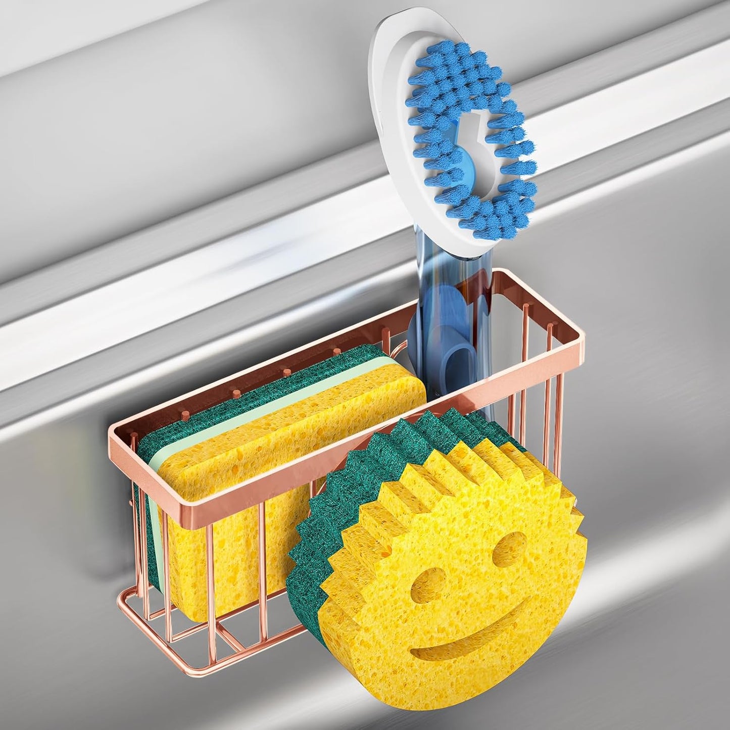MURLONG Sponge Holder Smiley Face, Sink Caddy for kitchen Sink, Kitchen Organizer Sponge Holder with 2 PCS Suction Cups/1 PCS Adhesive Strips, Designed for Sponge, Soap, Dish brush, Scrubber-Black