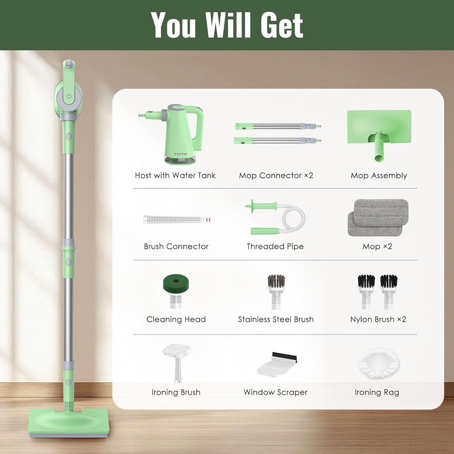 FEPPO Steam Mop & Detachable Handheld Steam Cleaner for Home and Floor Cleaning, 15s Heat-Up, 230°F Floor Steamer for Deep Cleaning with Multi-purpose Attachments Hardwood Floors, Tile,Grout,Furniture