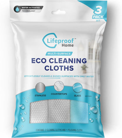 Lifeproof Streakless Microfiber Eco Cleaning Cloth Set - Effortlessly Cleans Stainless, Glass & Stone With Only Water - 3 Pack Set
