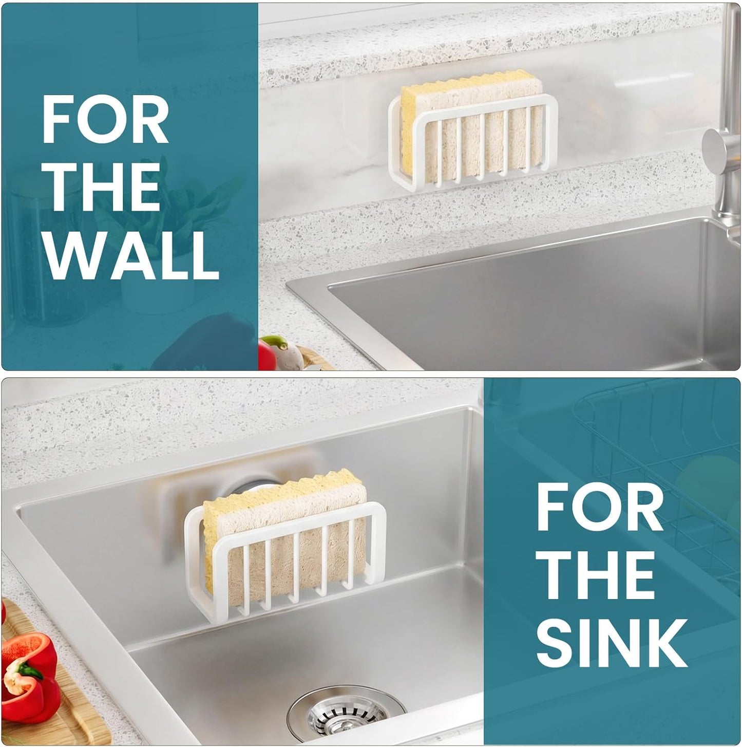 TAILI Sponge Holder for Kitchen Sink with Strong Suction Cup, Rustproof Aluminum Sink Caddy for Sponges, Removable Sponge Holder, Dish Brush for Scraper - Silver