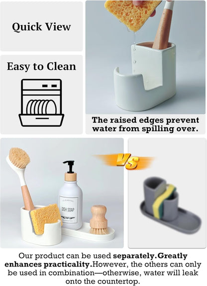 Ceramic Sponge Holder for Kitchen Sink, 2-in-1 Sponge & Brush Organizer, Compact Countertop Sink Caddy with Raised Edge to Catch Drips, Keeps Countertops Dry, Dishwasher Safe, Rustproof, White