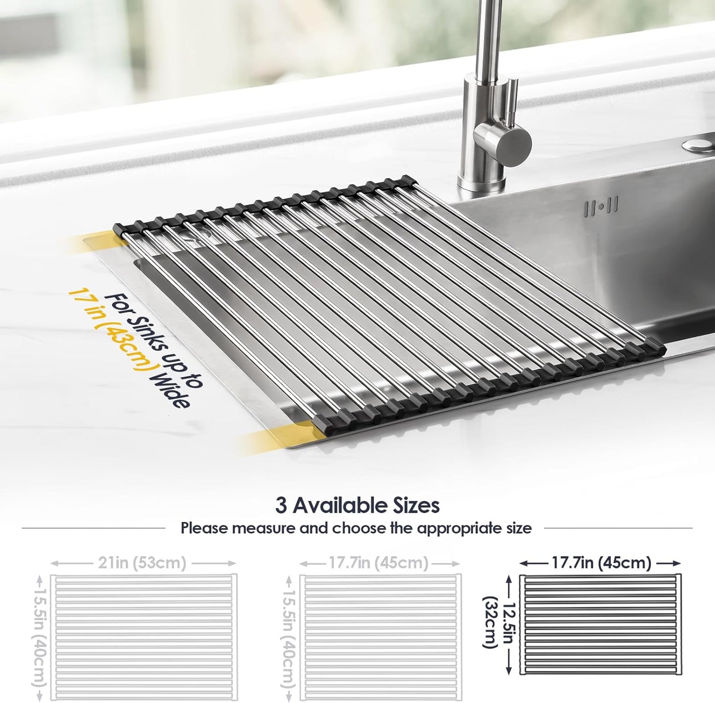 Tomorotec 17.7" x 15.5" Roll Up Dish Drying Rack Over Sink Drying Rack Sink Cover Kitchen Sink Accessories Gadget Multipurpose Organizer Foldable Stainless Steel Drainer (Grey)