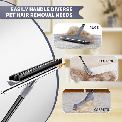 Carpet Rake for Pet Hair Removal - Reusable Dog & Cat Hair Remover with 58" Reinforced Steel Handle, 3-in-1 Professional Modular Rug Rake & Scraper Tool for Shag Rugs, Couch, Stairs (Orange)