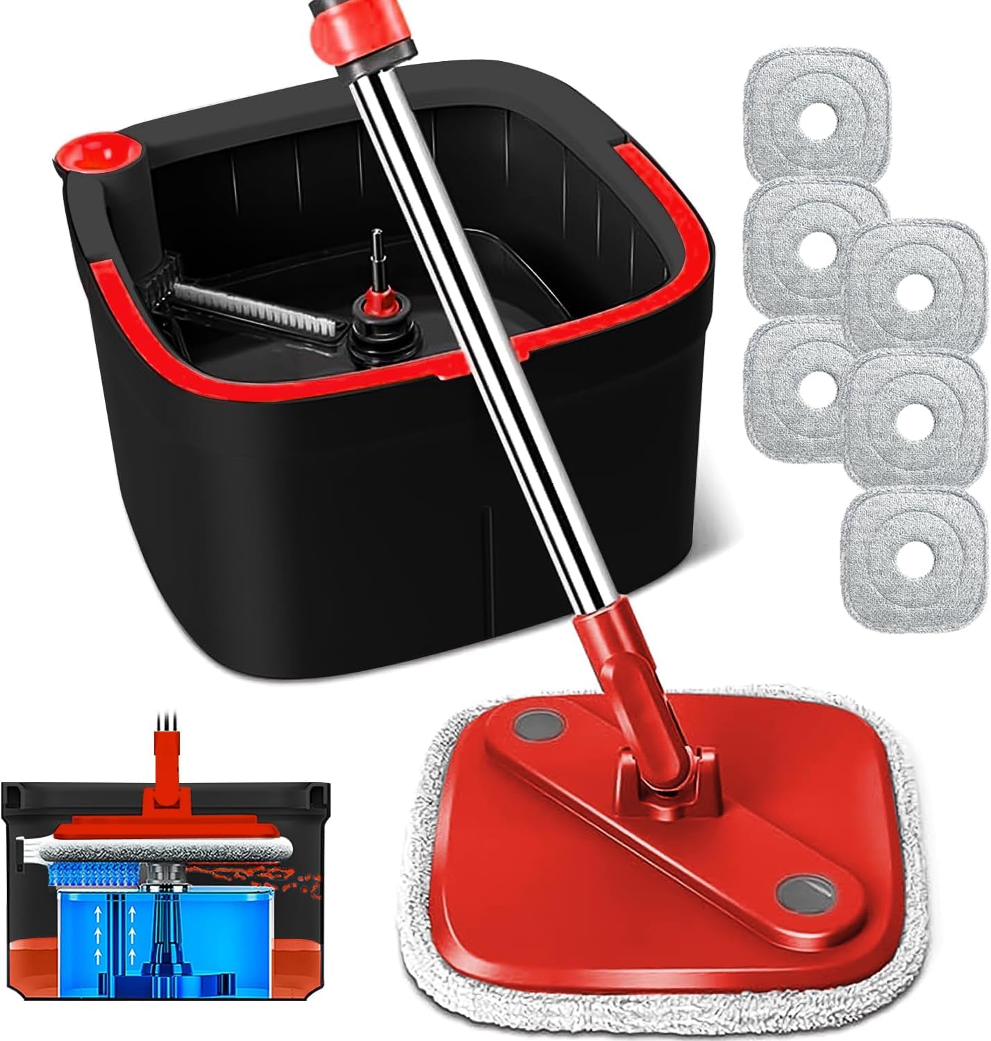 Spin Mop and Bucket Set with Self Separation Dirty and Clean Water System Self Wringing 360° Rotating Clean Mop-Head for Hardwood Tile Marble Floors (Mop Set with 6 Pads)-Grey