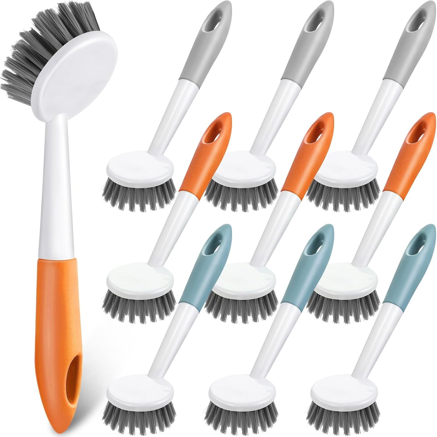 Patelai 12 Pack Kitchen Scrub Dish Brush with Long Handle Dish Scrubber with Stiff Bristles Scrub Brushes for Kitchen Dishes Washing Tools, Pots, Pans and Sink Cleaning (Celadon)