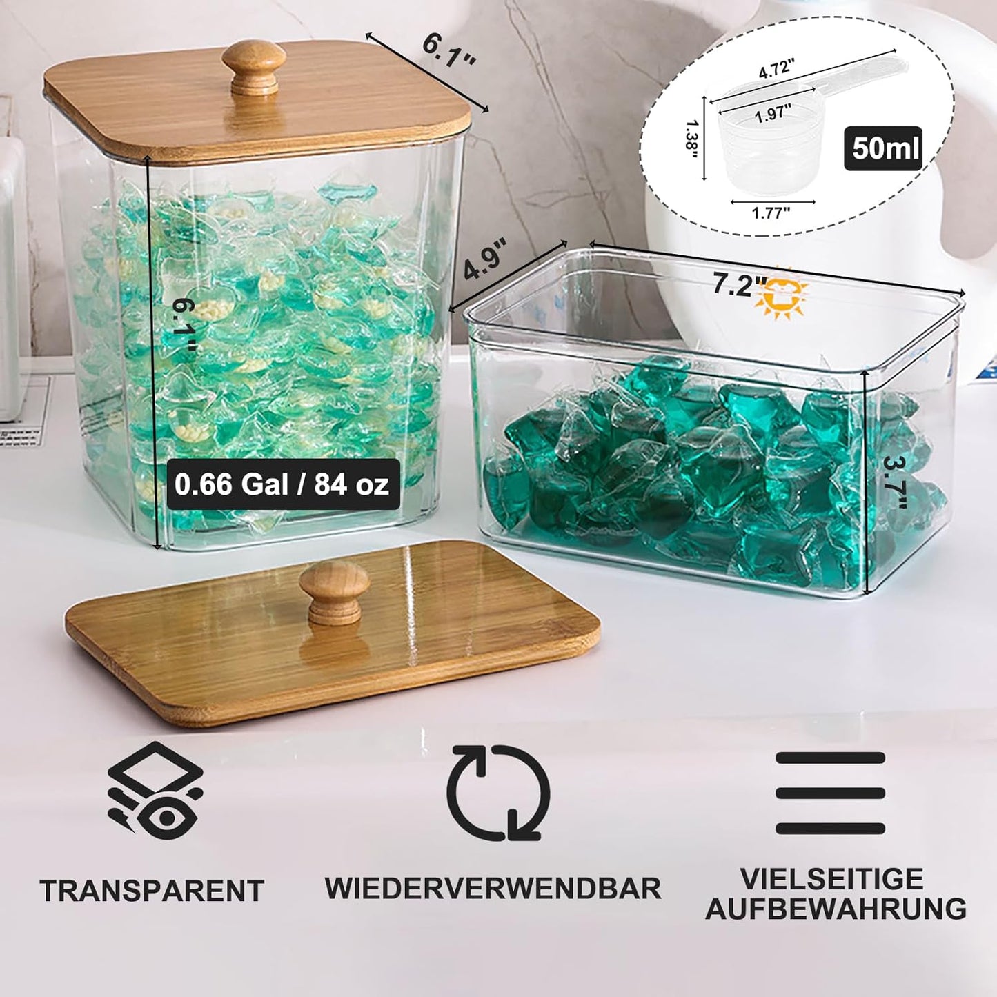 FUSHITON Laundry Pods Storage Container, 4+1 Set Clear Containers with Bamboo Lids for Detergent Pods, Scent Beads & Dryer Sheets, Includes 16 Labels and 3 Measuring Scoops