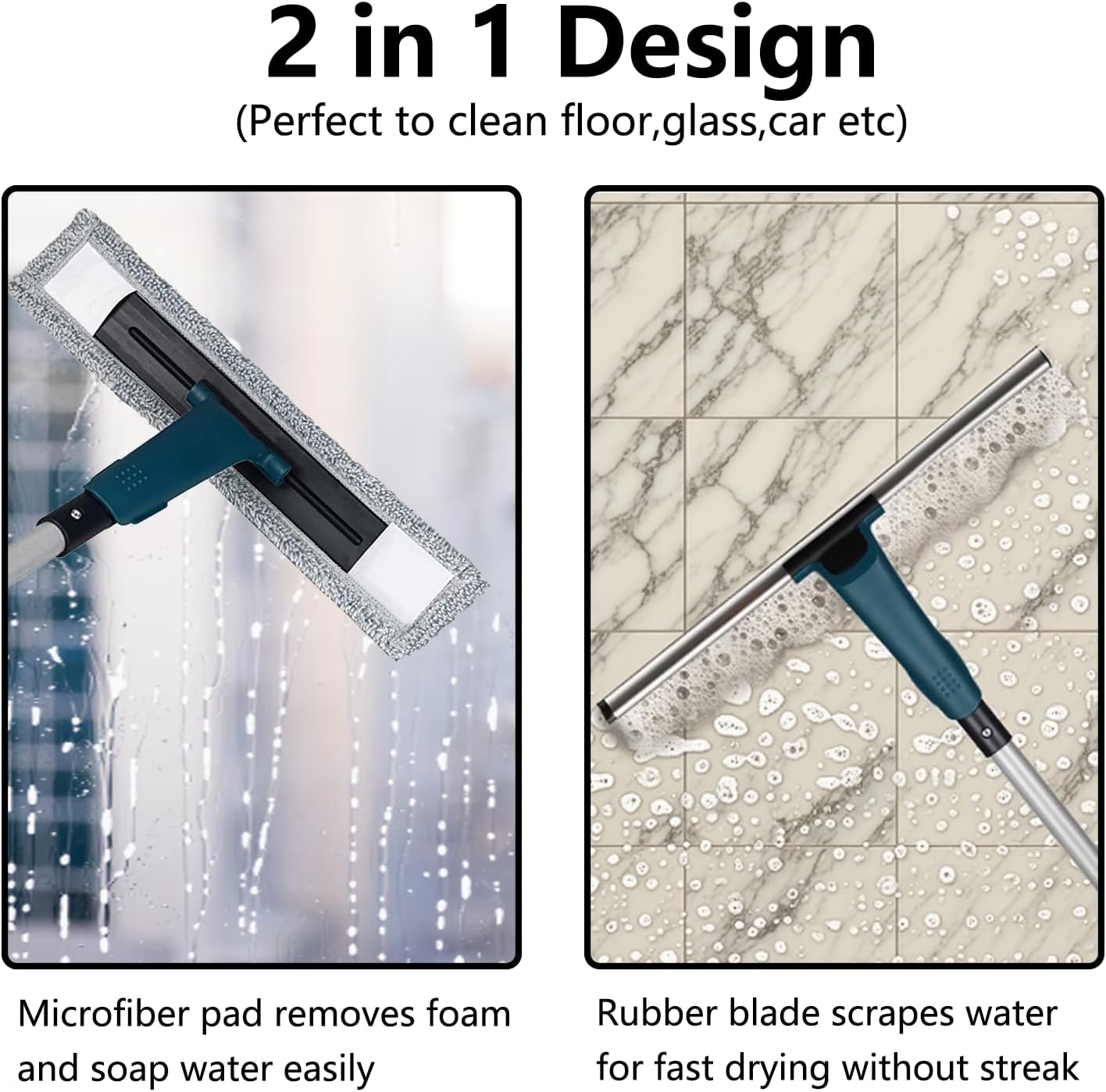 60" Professional Squeegee with Long Handle - Window, Shower & Floor Cleaner for Glass, Tile, Concrete, Mirror, Windshield, Bathroom, Car, Home & Garage
