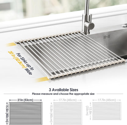 Tomorotec 17.7" x 15.5" Roll Up Dish Drying Rack Over Sink Drying Rack Sink Cover Kitchen Sink Accessories Gadget Multipurpose Organizer Foldable Stainless Steel Drainer (Grey)
