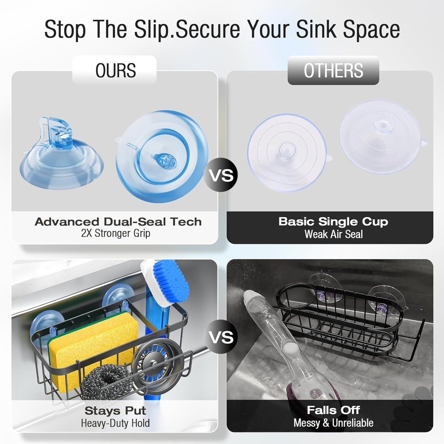 3-in-1 Kitchen Sink Caddy Organizer with Sponge Holder, Brush Holder, Extra Rack for Scrubber, Sink Stopper, Dish Cloth Hanger - Strong Dual Suction Cup, 2.0mm SUS304 Stainless Steel - Grey
