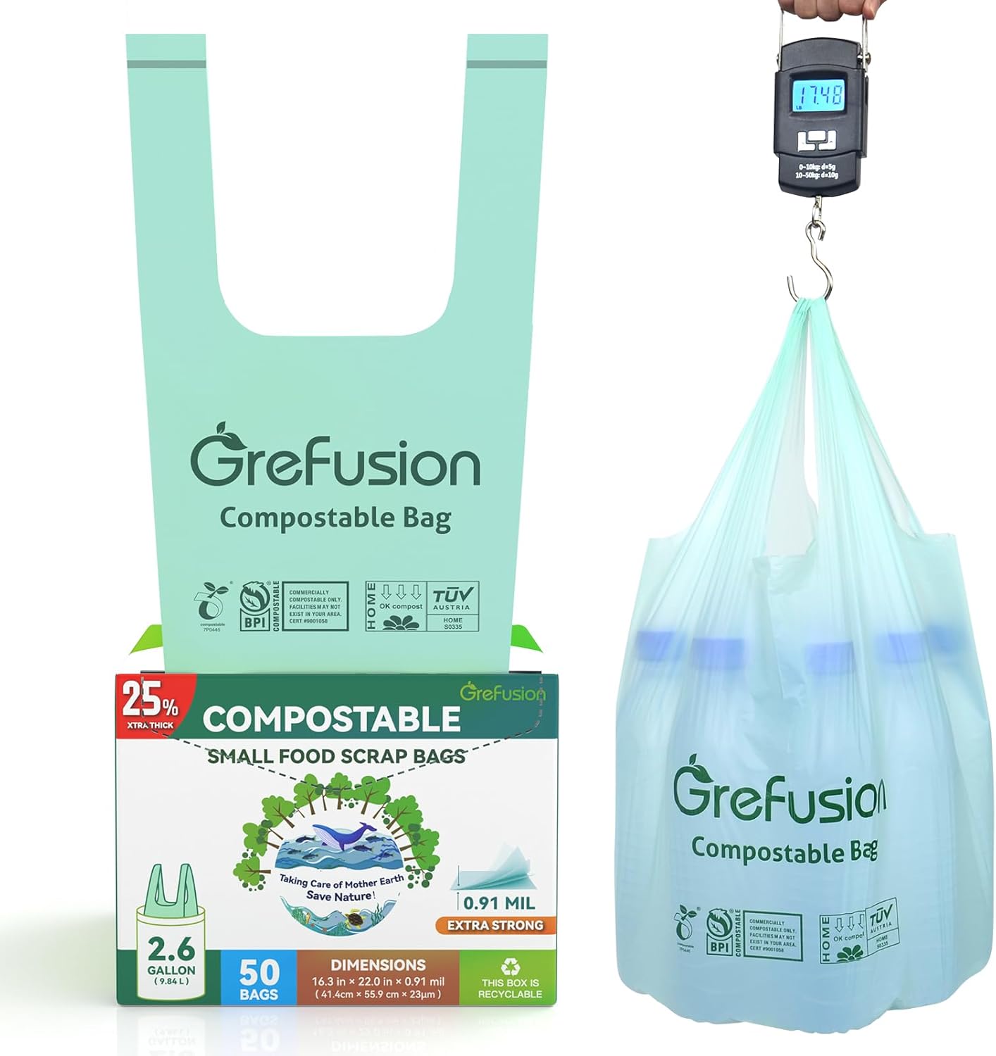 GreFusion Compostable Bags 1.2 Gallon,125 Count, Fits 0.75,1,1.2,1.3,1.6,1.8 Gallon Countertop Bin, Small compost bags, Certified by BPI, ASTM D6400 and OK Compost