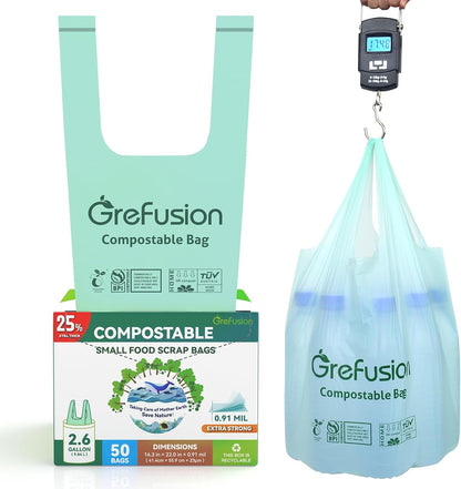 GreFusion Compostable Bags 1.2 Gallon,125 Count, Fits 0.75,1,1.2,1.3,1.6,1.8 Gallon Countertop Bin, Small compost bags, Certified by BPI, ASTM D6400 and OK Compost