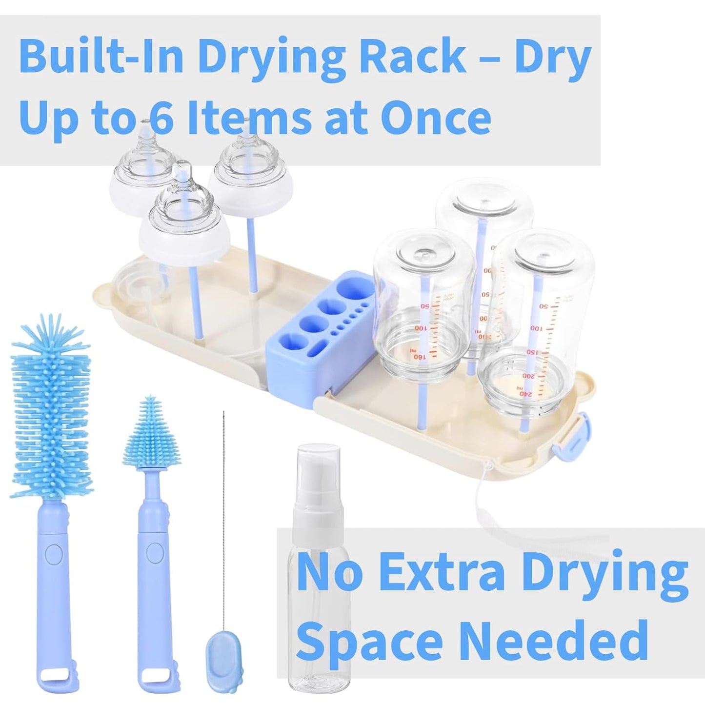 Travel Bottle Cleaner kit, 7in1 Baby Toddler Travel Essential Silicone Bottle Brush Set, Nipple, Drying Rack, Straw, & Breast Pump Cleaning, Soap Dispenser & Organizer Case, Gift Mom