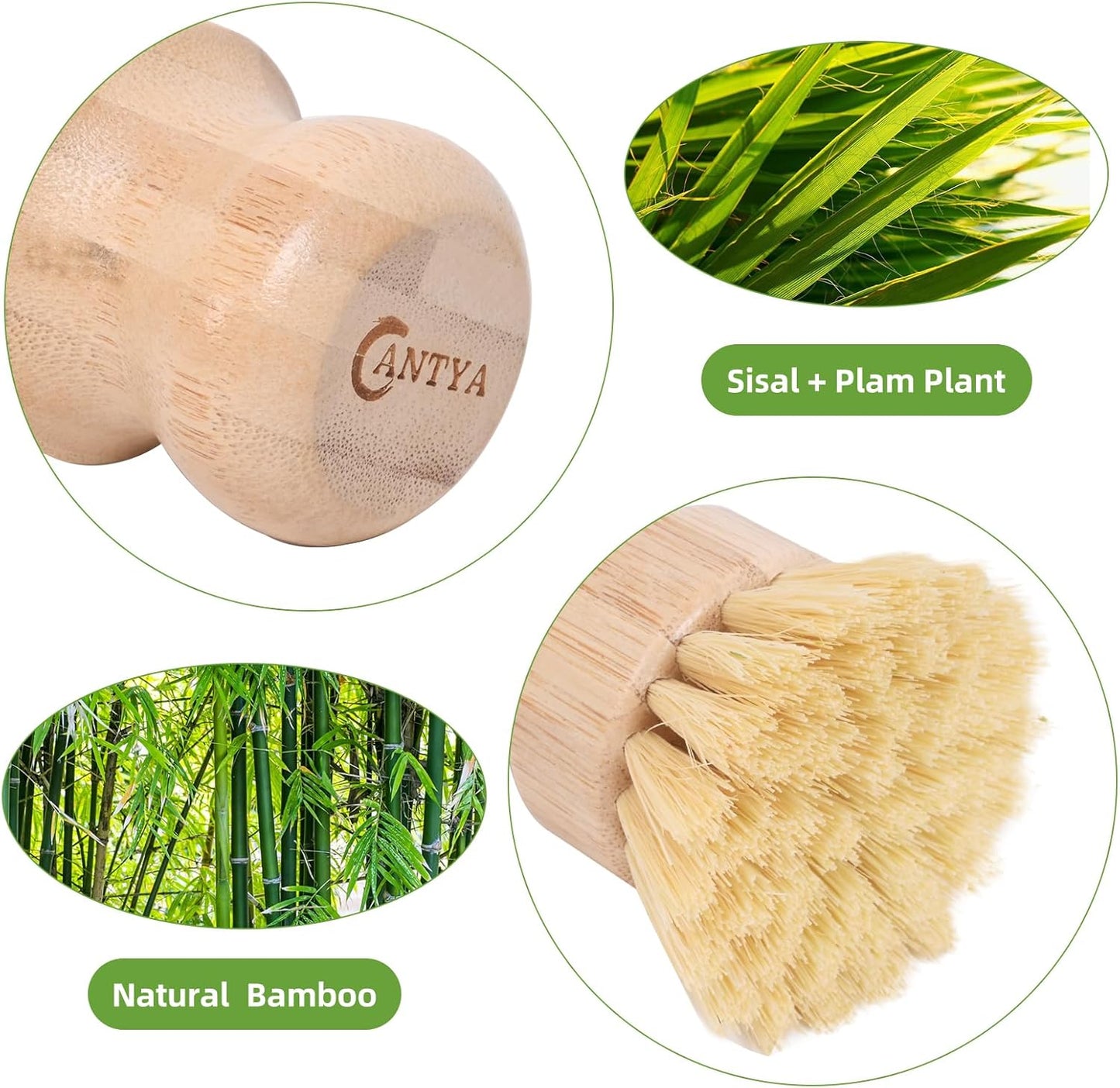 Bamboo Dish Brush with Handle - Soft Bristle, Non Toxic Dish Scrubber Compostable & Sustainable Bamboo Scrub Brush for Dishes, Pots and Pans