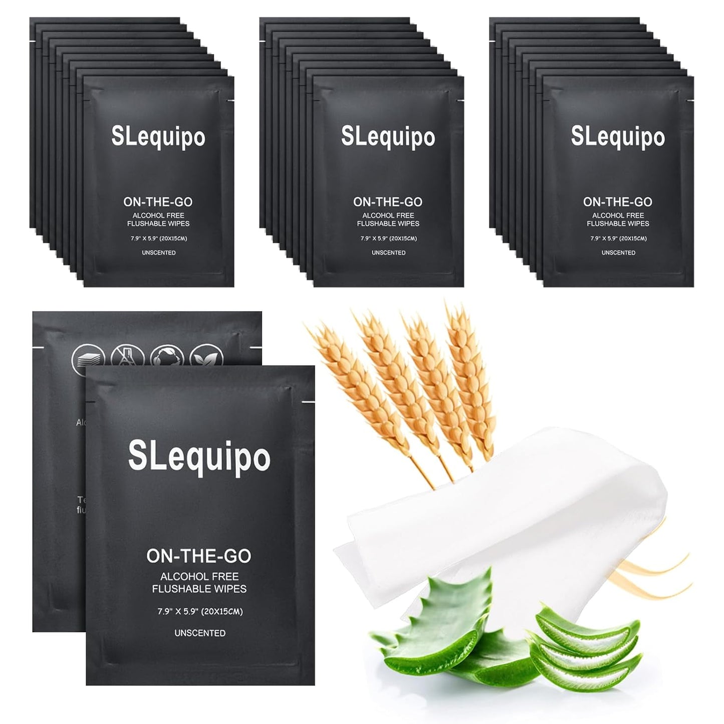 100 Pcs Flushable Wet Wipes, Aloe Vera for Butt, Hands, Face Cleaning, Sufficient Quantity, Individual Wrapped, Portable Size, Ideal for Daily Use, Plant Based, Black