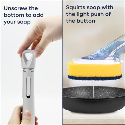 Dish Brush with Soap Dispenser Storage Set with 2 PCS Sponge Refills & Holder, Soap Dispensing Dish Brushes, Sponge with Soap Dispenser Handle, Dish Sponges with Handle for Dishes Pans Pots Sink